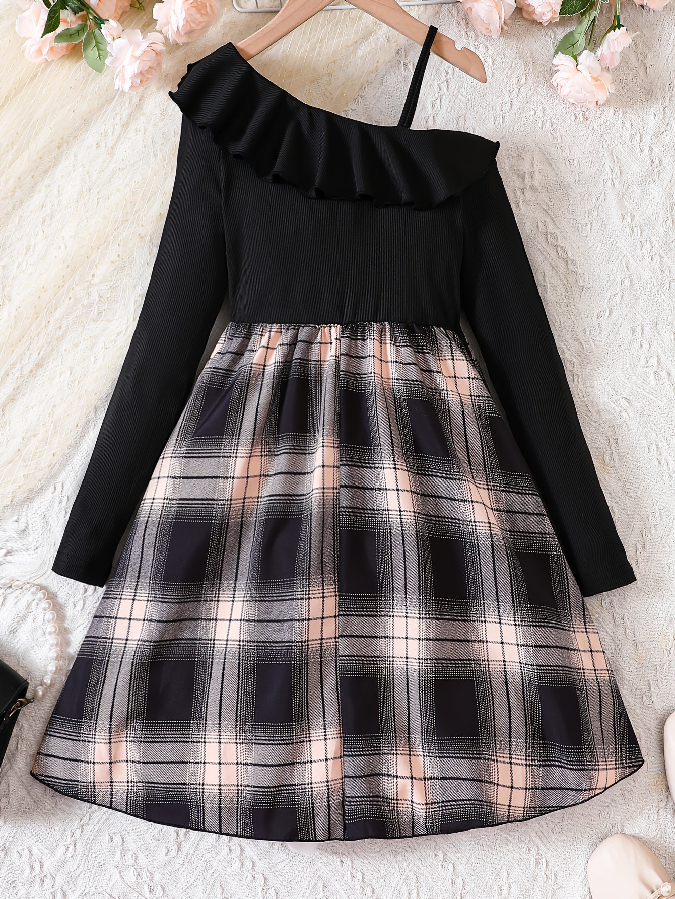 One Shoulder Long Sleeve Plaid Dress For Girls Kids
