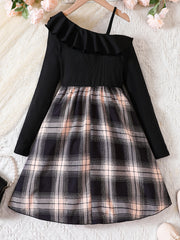 One Shoulder Long Sleeve Plaid Dress For Girls Kids