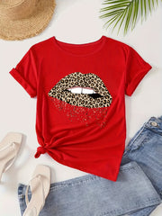 Leopard Print Lips Graphic Sports T Shirt for Women