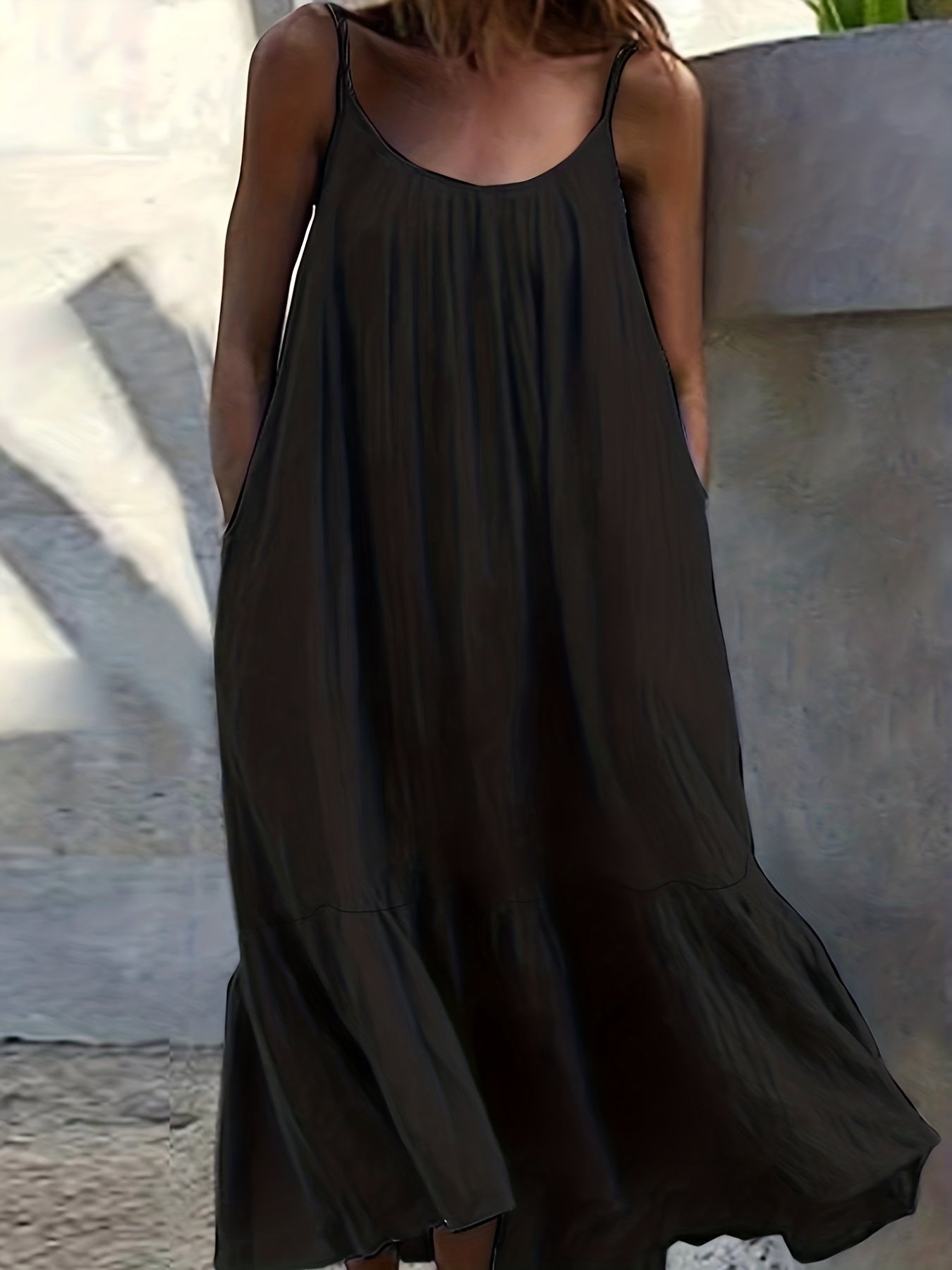  Solid Ruffle Trim Maxi Cami Dress