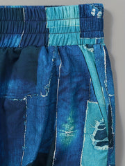 Plus Denim Print Wide Leg Pants Elastic High Rise