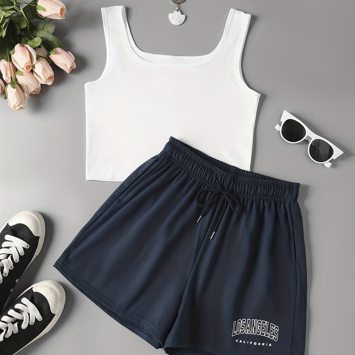Sporty Two Piece Set Crop Tank Top & Shorts Outfit Women's Clothing