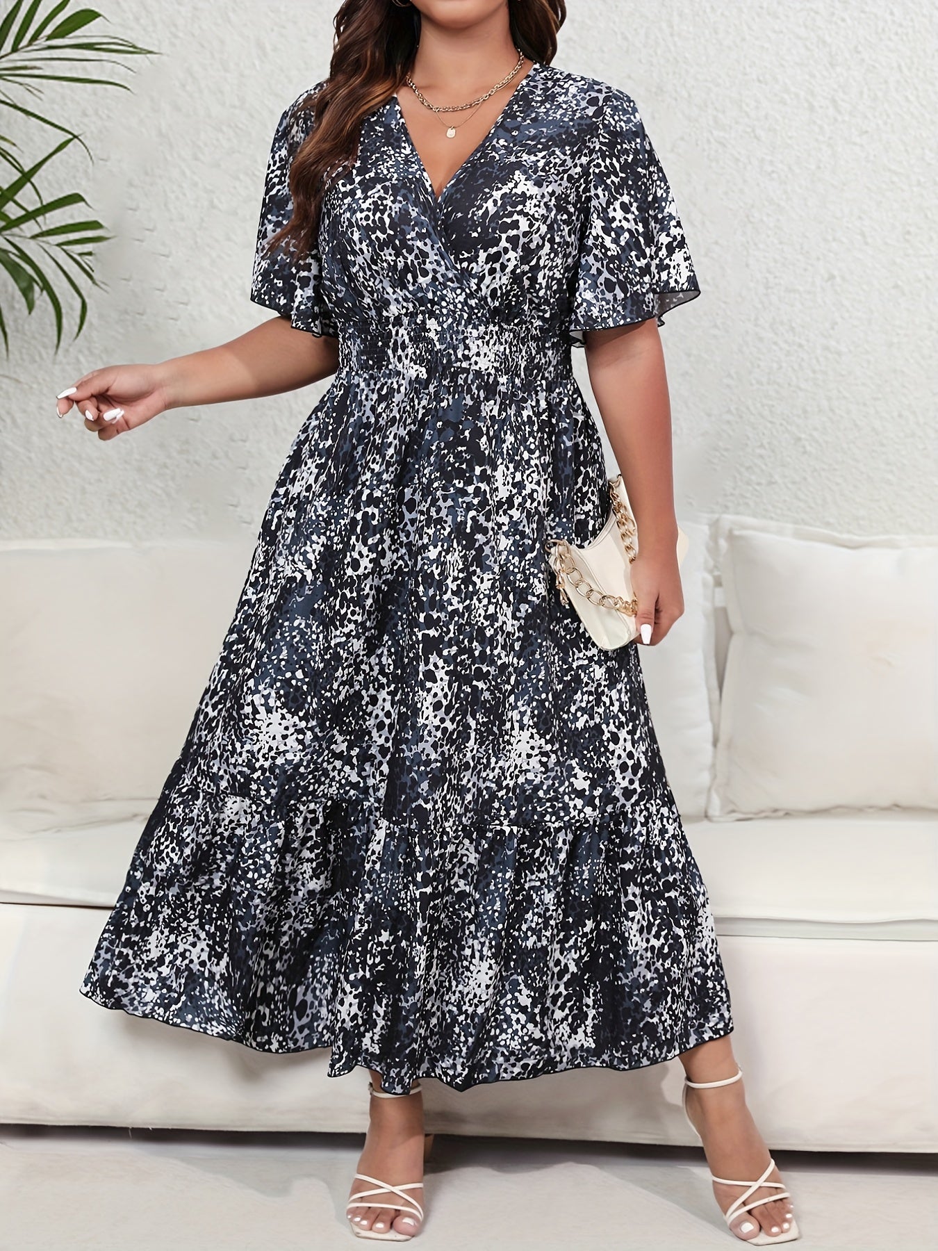  Allover Print Flutter Sleeve Surplice Neck Maxi Dress