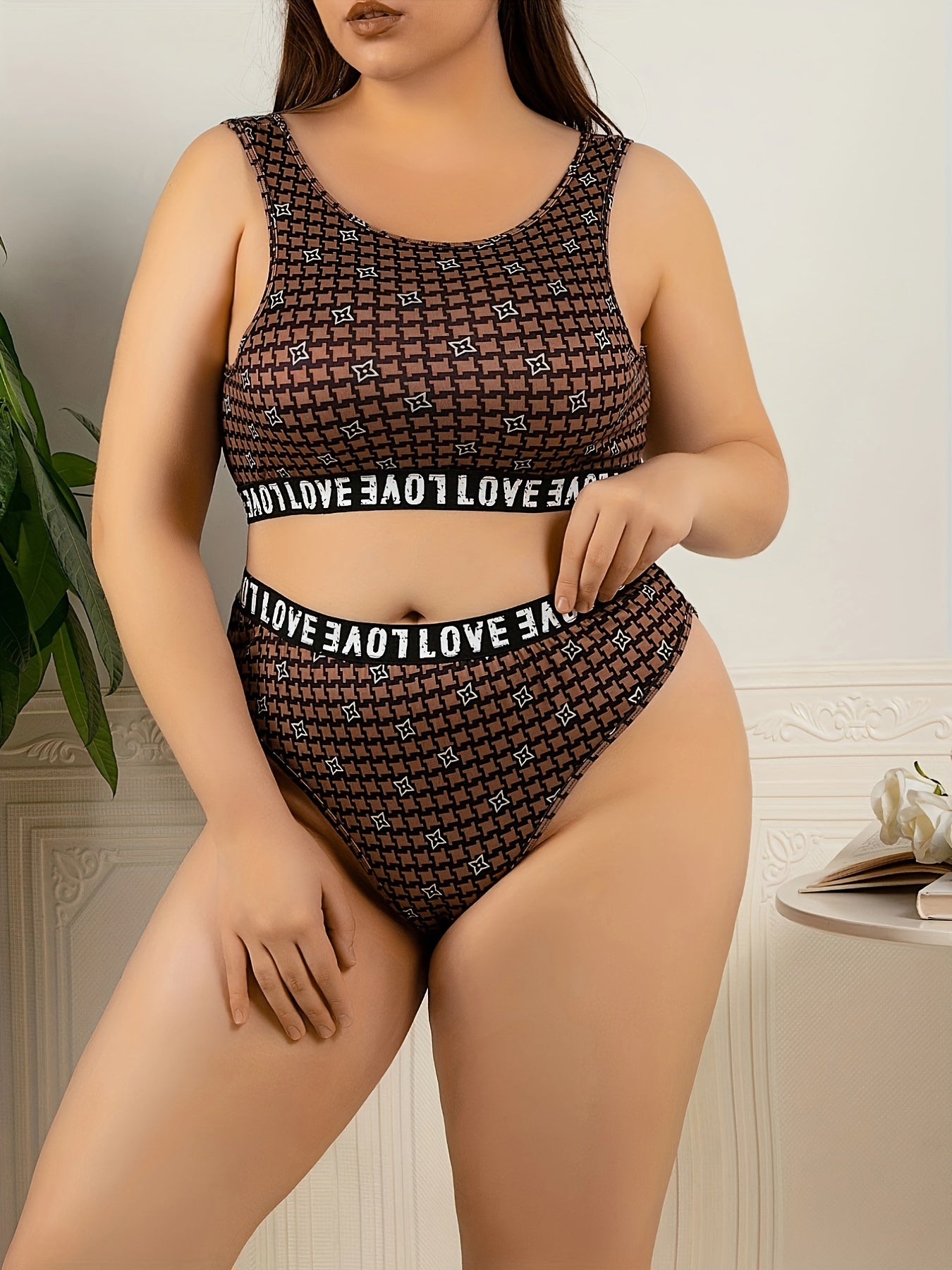  Allover Print Letter Tape Bra & Panty Set