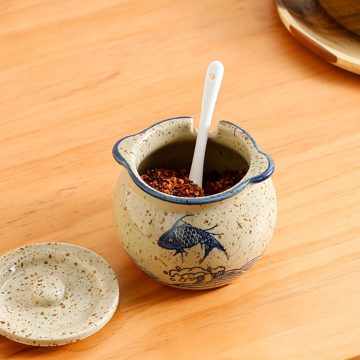 Japanese Ceramic Spice Jar with Lid and Spoon