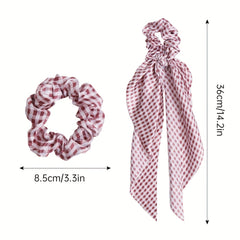Vintage French Hair Tie Streamer Large Scrunchie Bow Hair Ring Plaid Head Rope