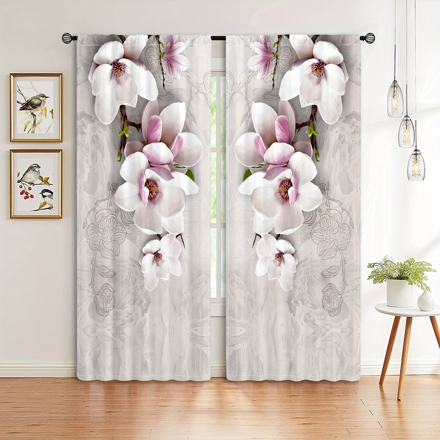 2pcs Magnolia Pattern Semi Blackout Curtains Rod Pocket Vintage Curtain
