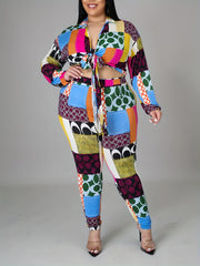  Colorblock Print Knot Crop Top & Pants Set