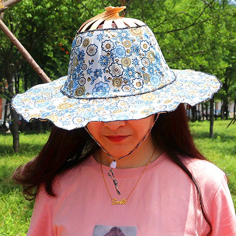Vintage Floral Print Sun Hat, Bamboo Fan