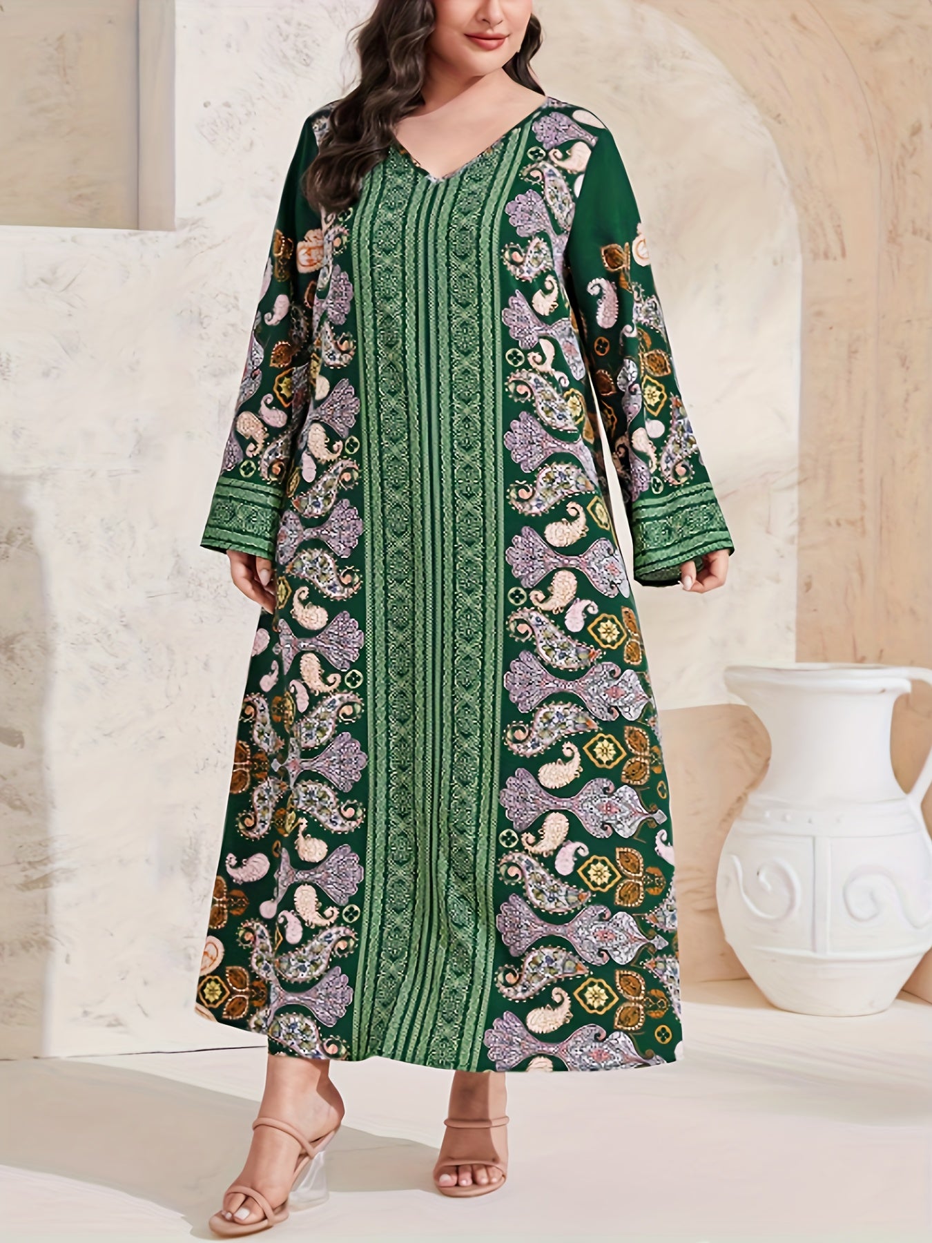  Abaya Dress Women's Plus Paisley Floral Geometric Print Long Sleeve