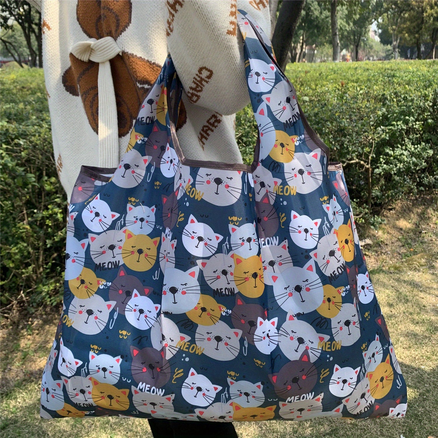 Cartoon Cat Pattern Foldable Tote Bag Large Capacity Portable Shoulder Bag