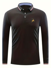 Men's Deer Print Polo Shirt Long Sleeve Casual Breathable Button Up