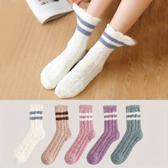 5 Pairs Striped Fuzzy Socks Comfy & Warm Women's Stockings