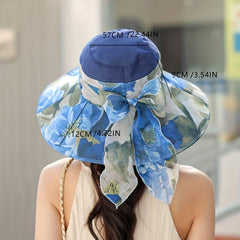 Flower Print Foldable Sun Hat Ribbon Bowknot Decor Bucket Hat UV Protection
