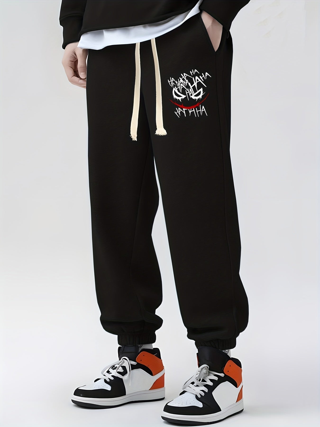 Evil Smile Print Drawstring Sweatpants Men's Loose Fit Joggers Spring Autumn