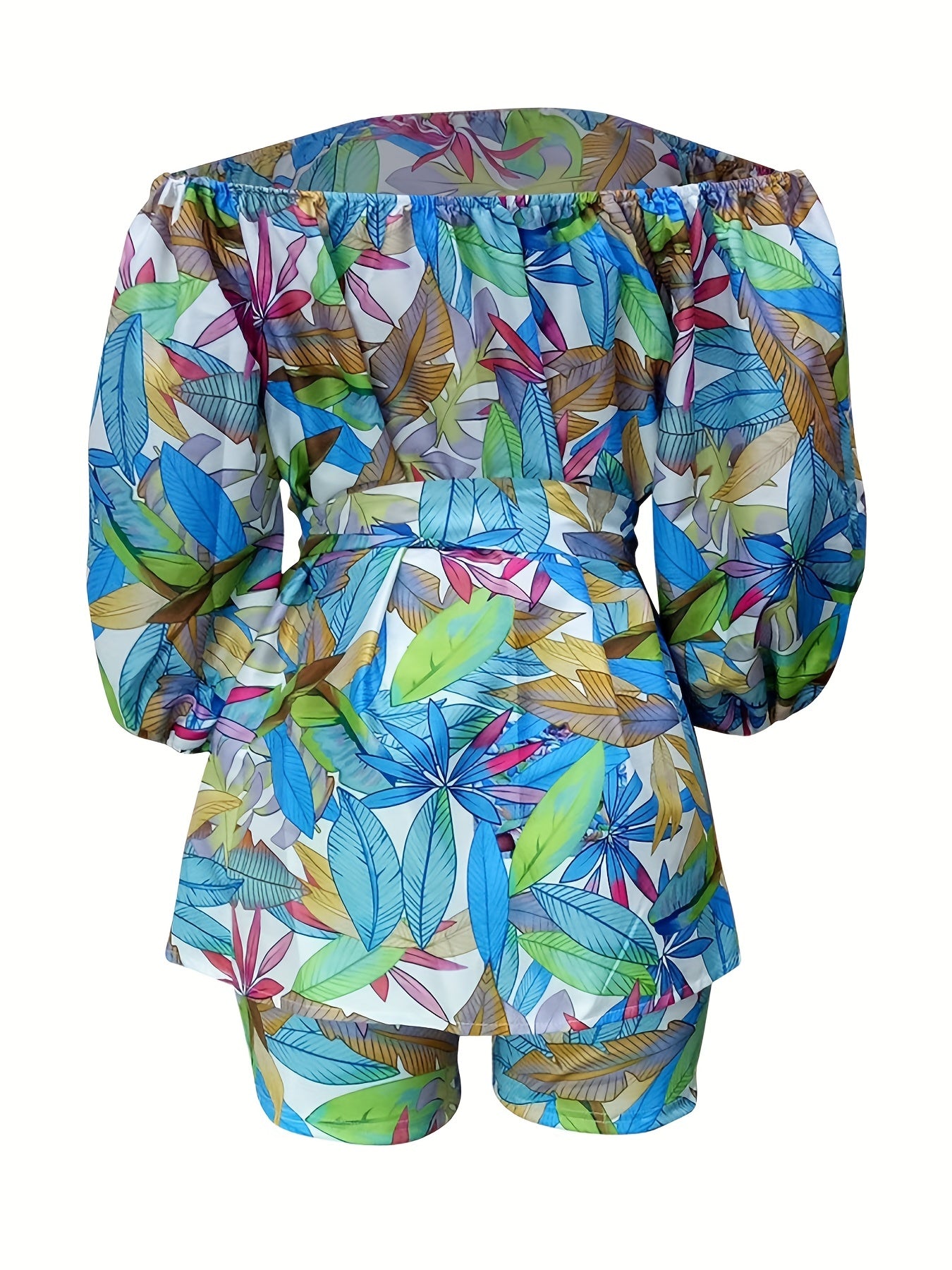  Leaf Print Off Shoulder Top & Shorts Set With Belt