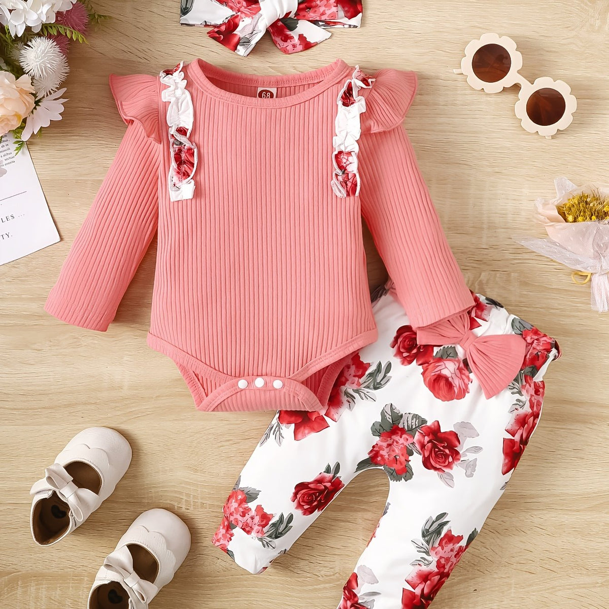 Baby Girl Ruffled Romper Floral Trousers Set