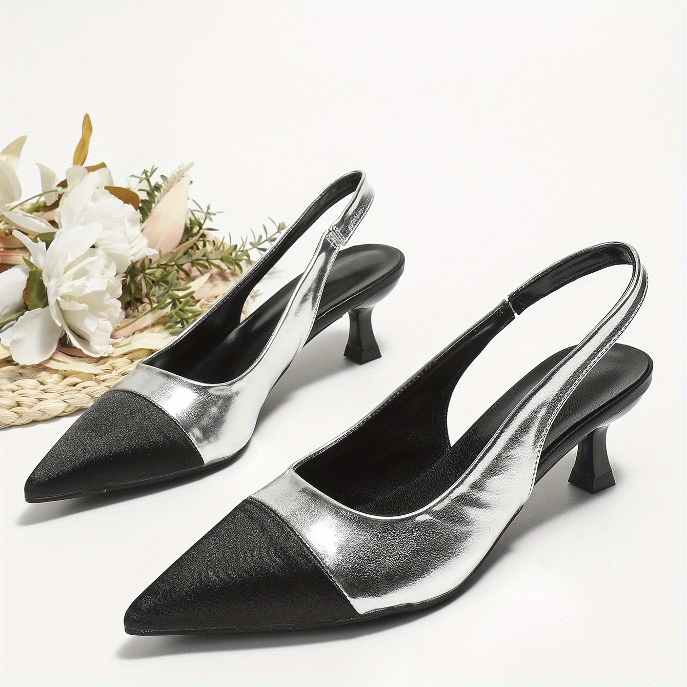 Women's Colorblock Kitten Heels Slingback Sandals