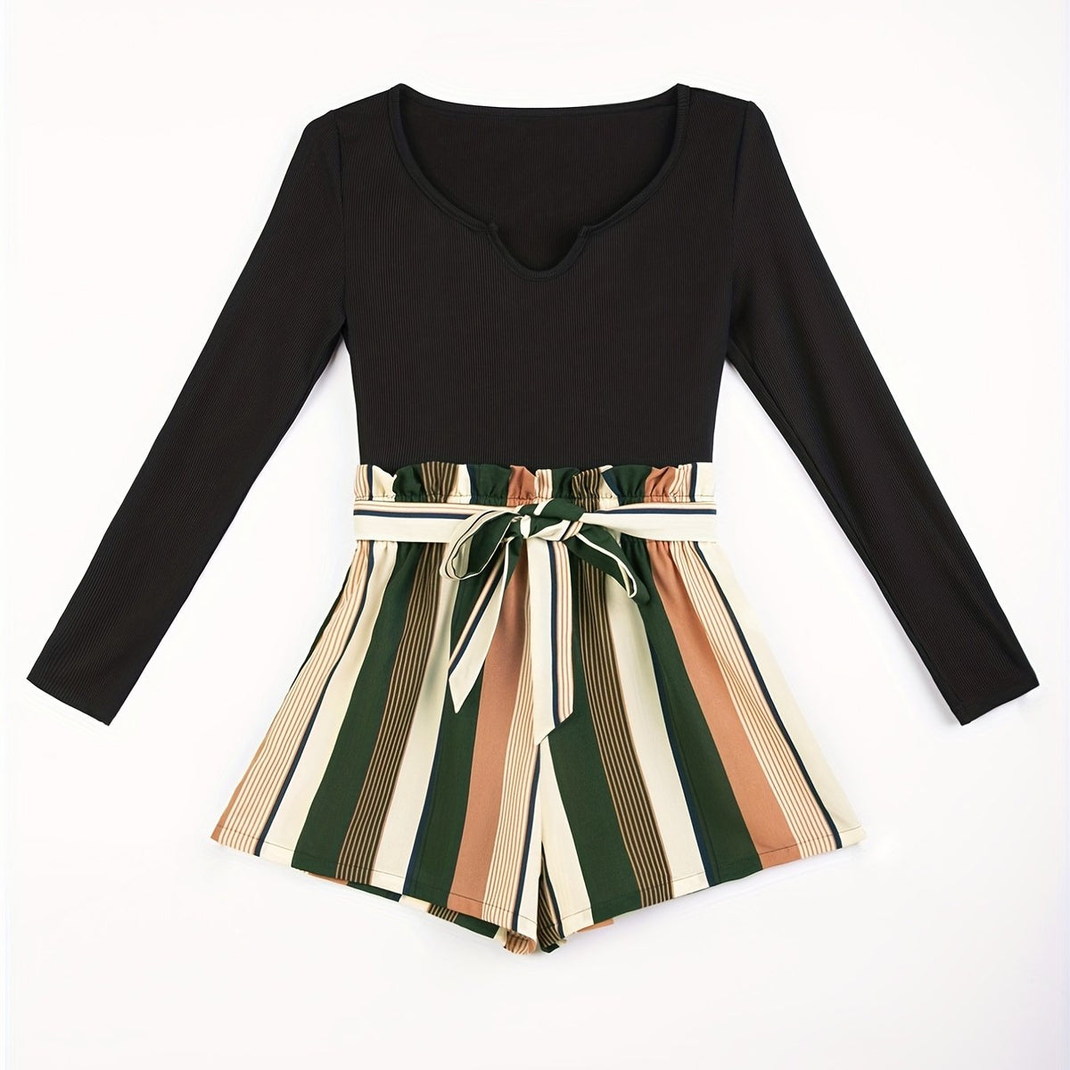 Striped Print Splicing Romper Casual Long Sleeve Wide Leg Romper