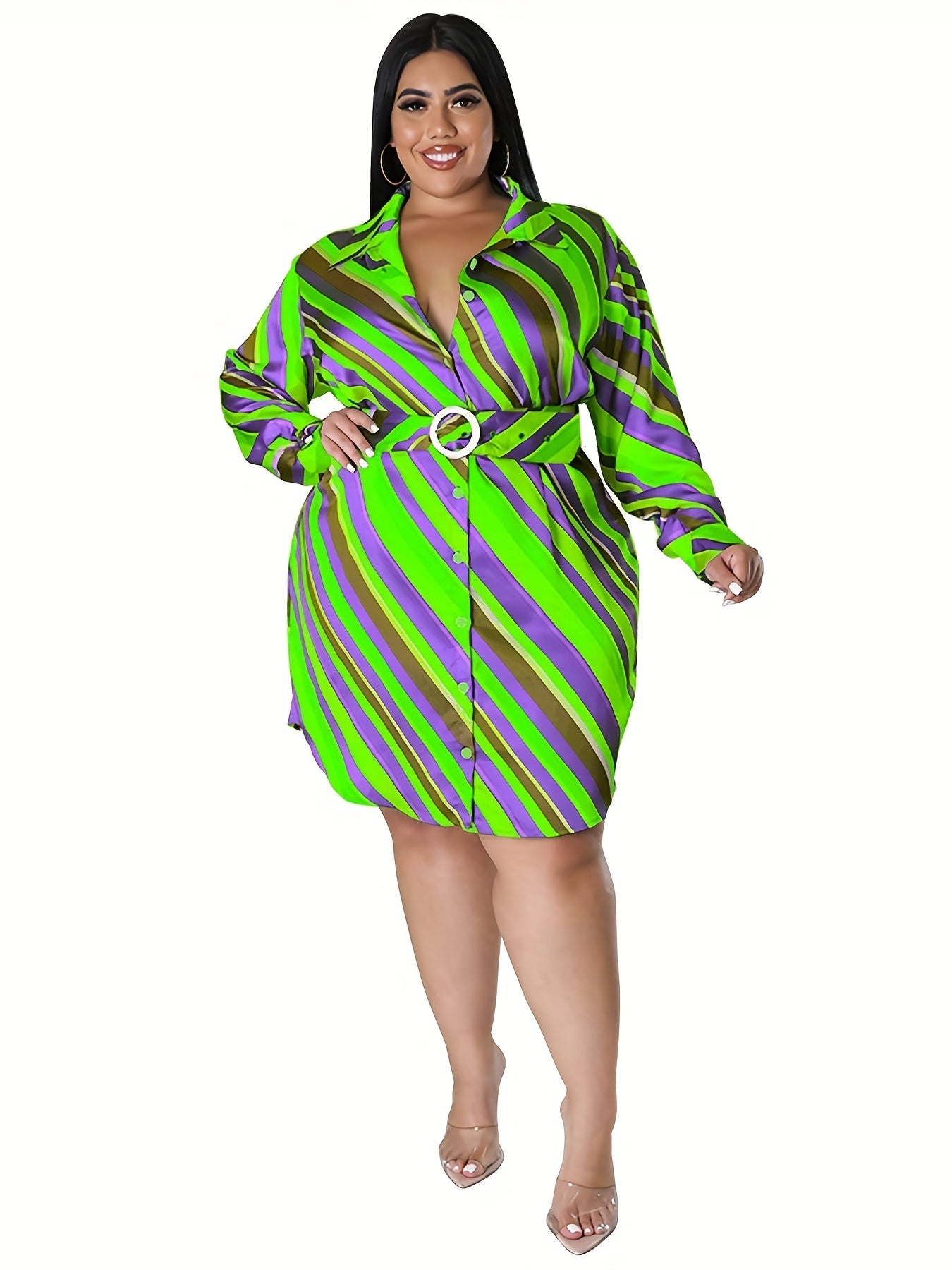  Strip Print Lapel Collar Belted Mini Dress