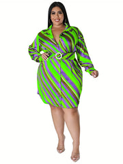  Strip Print Lapel Collar Belted Mini Dress