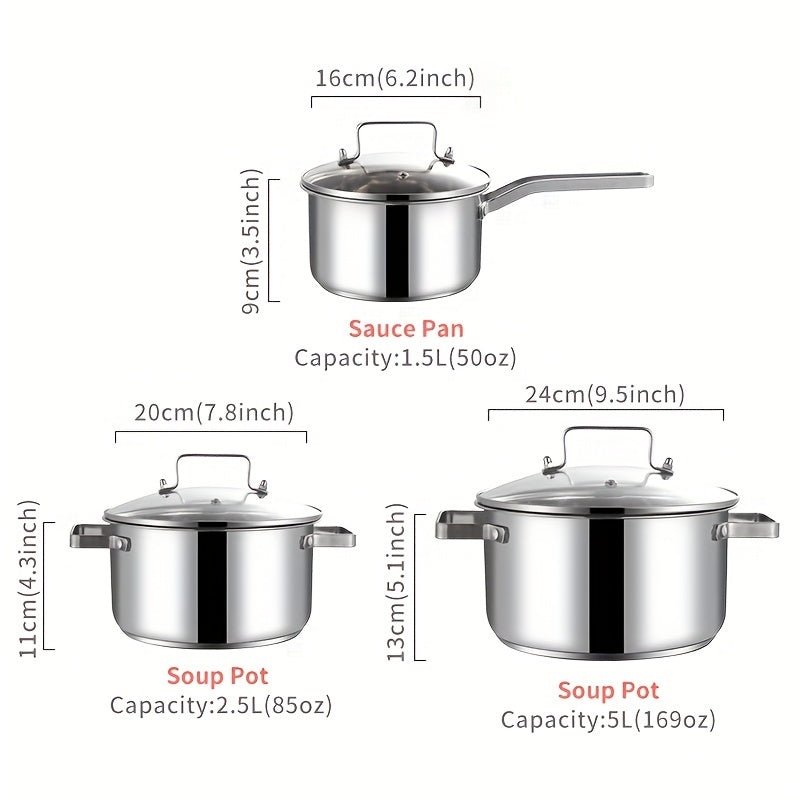 6pcs Stainless Steel Cooking Pot Set Glass Lid Saucepan Soup Pot