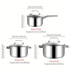 6pcs Stainless Steel Cooking Pot Set Glass Lid Saucepan Soup Pot
