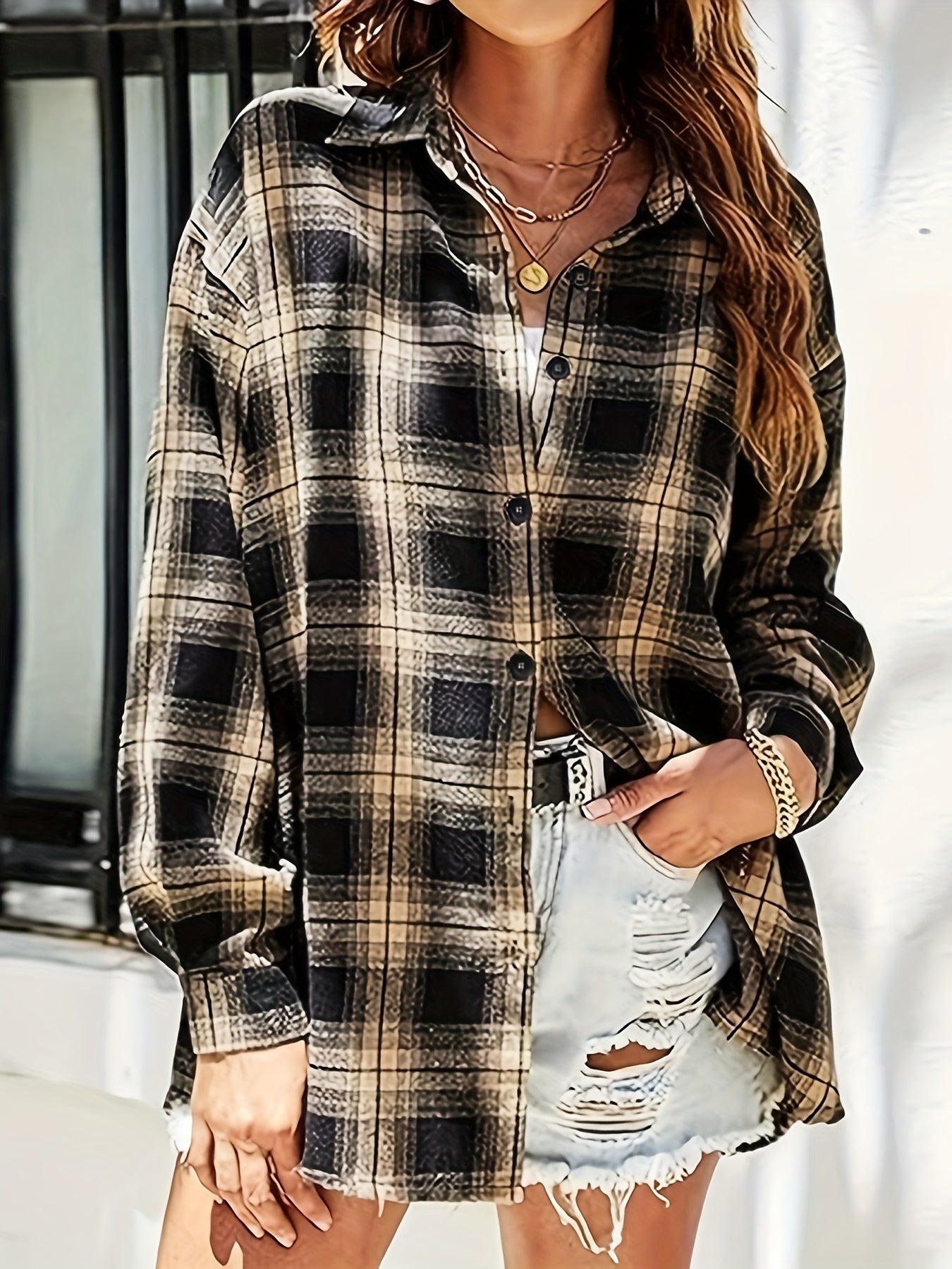  Plaid Print Button Up Long Sleeve Blouse