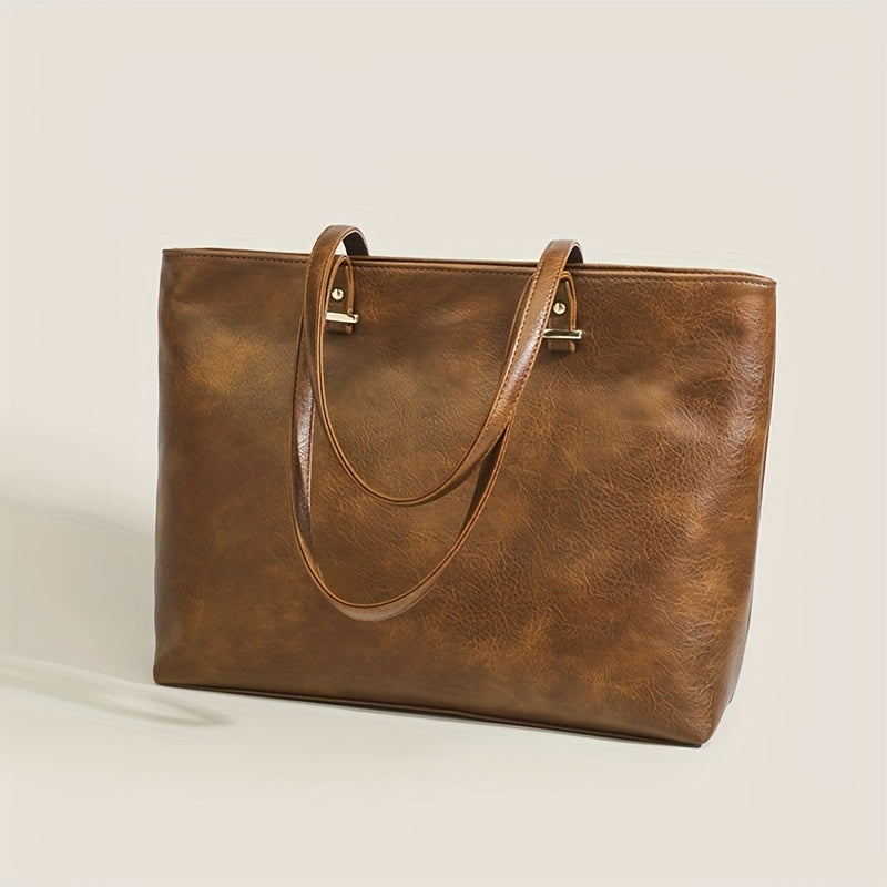 Vintage PU Leather Tote Bag Solid Handbag Large Capacity Shoulder Bag For Women