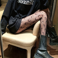 Moon Pattern Fishnet Tights High Waist Pantyhose Women's Stockings