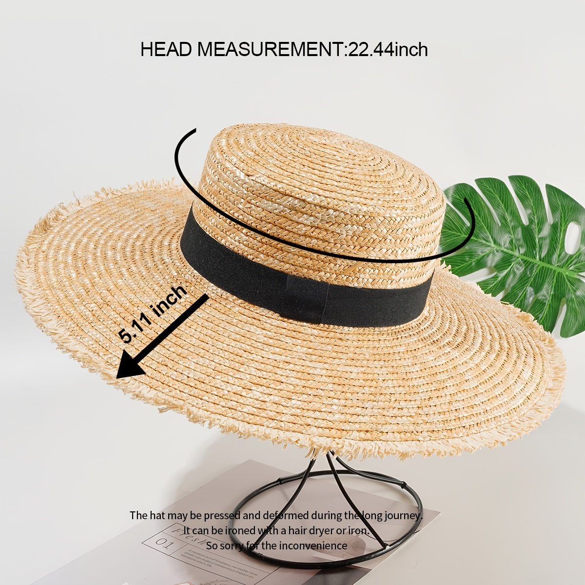 Women's Flat Top Straw Hat Fur Edge Beach Sunshade