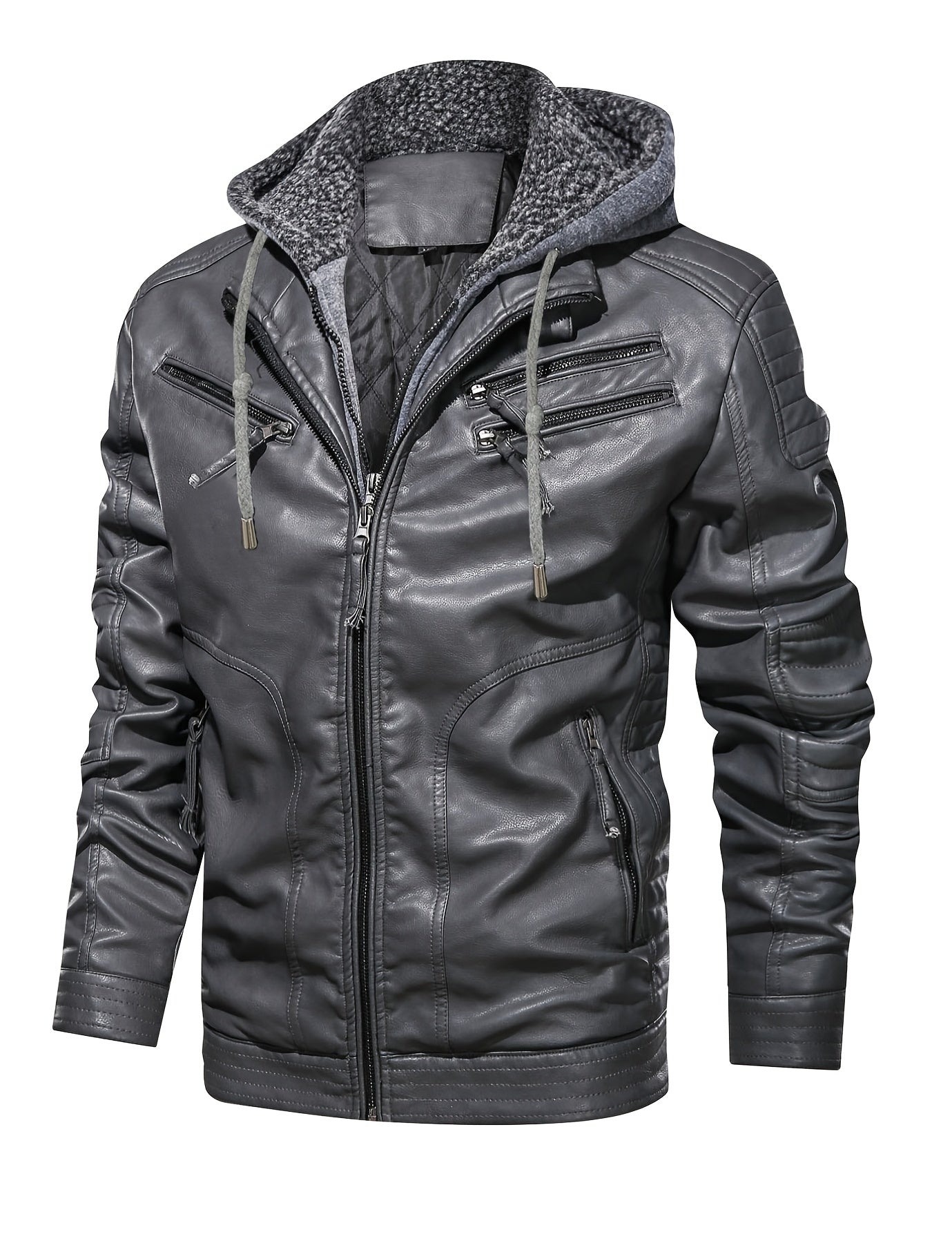 Men's Zipper Hoodie Autumn Winter Solid PU Faux Leather Jacket