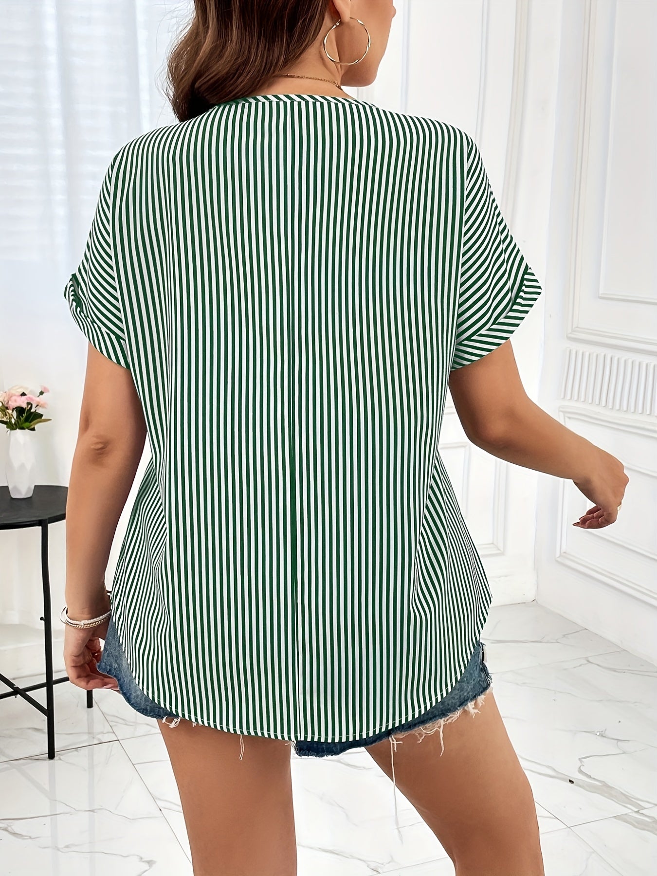  Nautical Stripe Zipper V Neck Blouse
