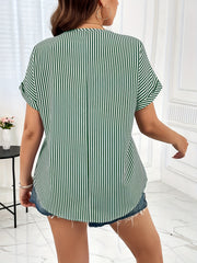  Nautical Stripe Zipper V Neck Blouse