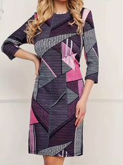  Geometric Print Three Quarter Sleeve Knee Length Dress