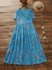  Floral Print Short Sleeve Round Neck Dress