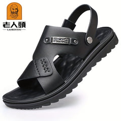 LAORENTOU Men's Leather Non Slip Sandals Wear resistant Comfy Beach Shoes