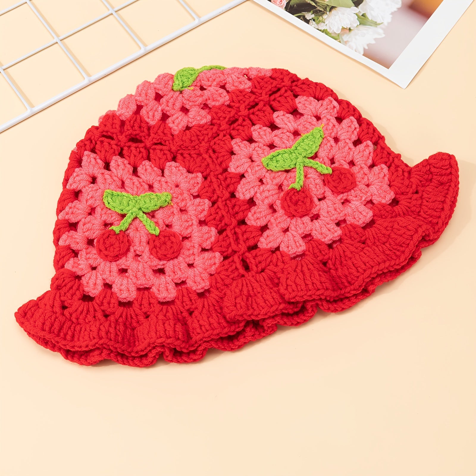 Cherry Crochet Ruffles Beanie Hollow Cotton Cloche Hat Women Knit Hats Bucket