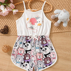 Toddler Girls Cat Graphic Bow Front Cami Romper Summer Clothes