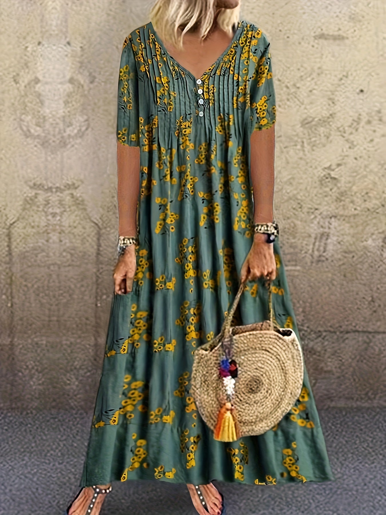  Floral Print V Neck Maxi Pleated Dress