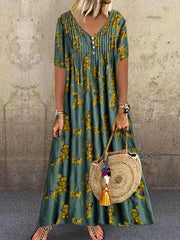  Floral Print V Neck Maxi Pleated Dress