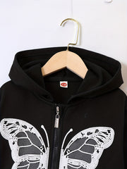 Girls Butterfly Print Zip Front Hoodie Sweatshirt Cardigan
