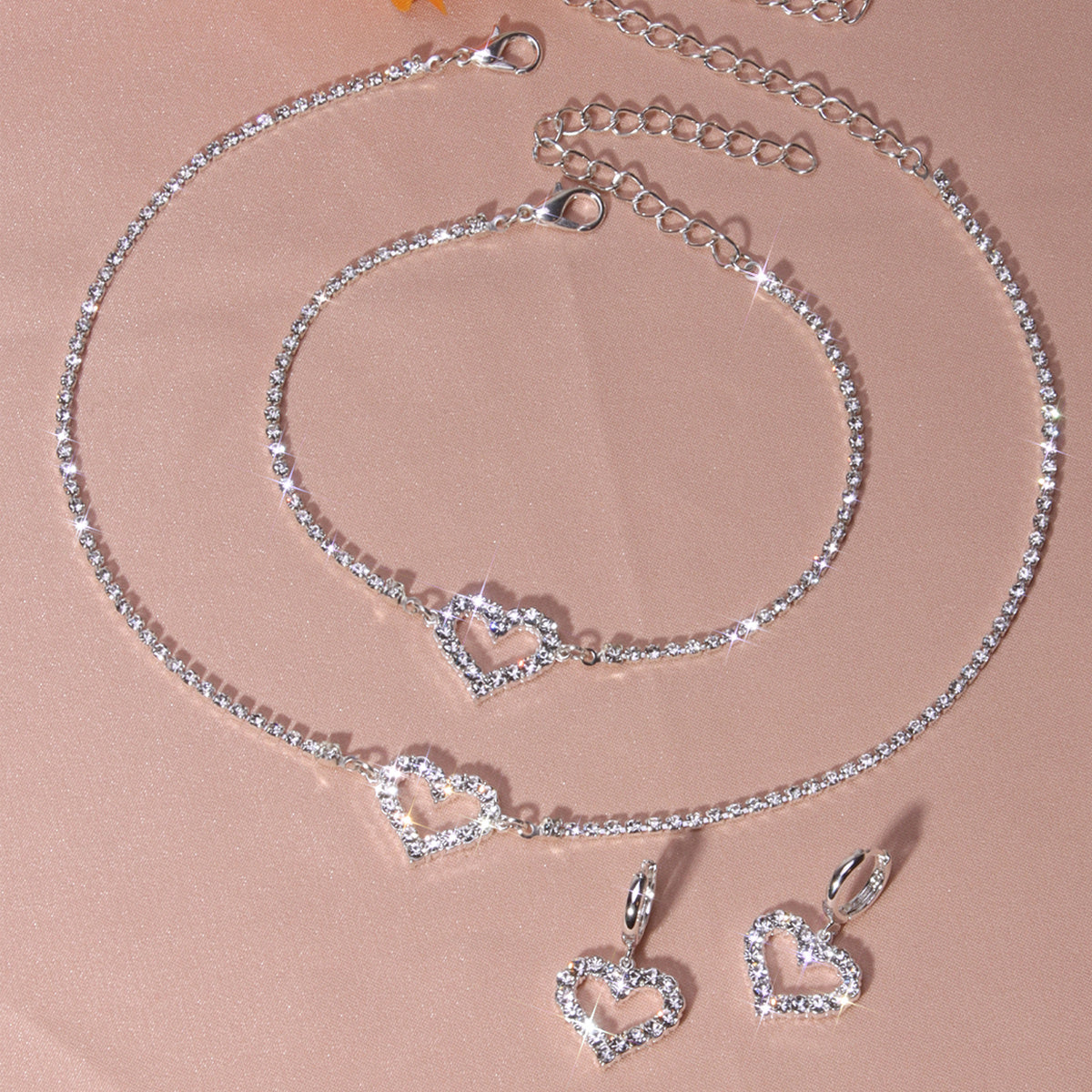 Heart Shape Rhinestones Jewelry Set Choker Bracelet Earrings