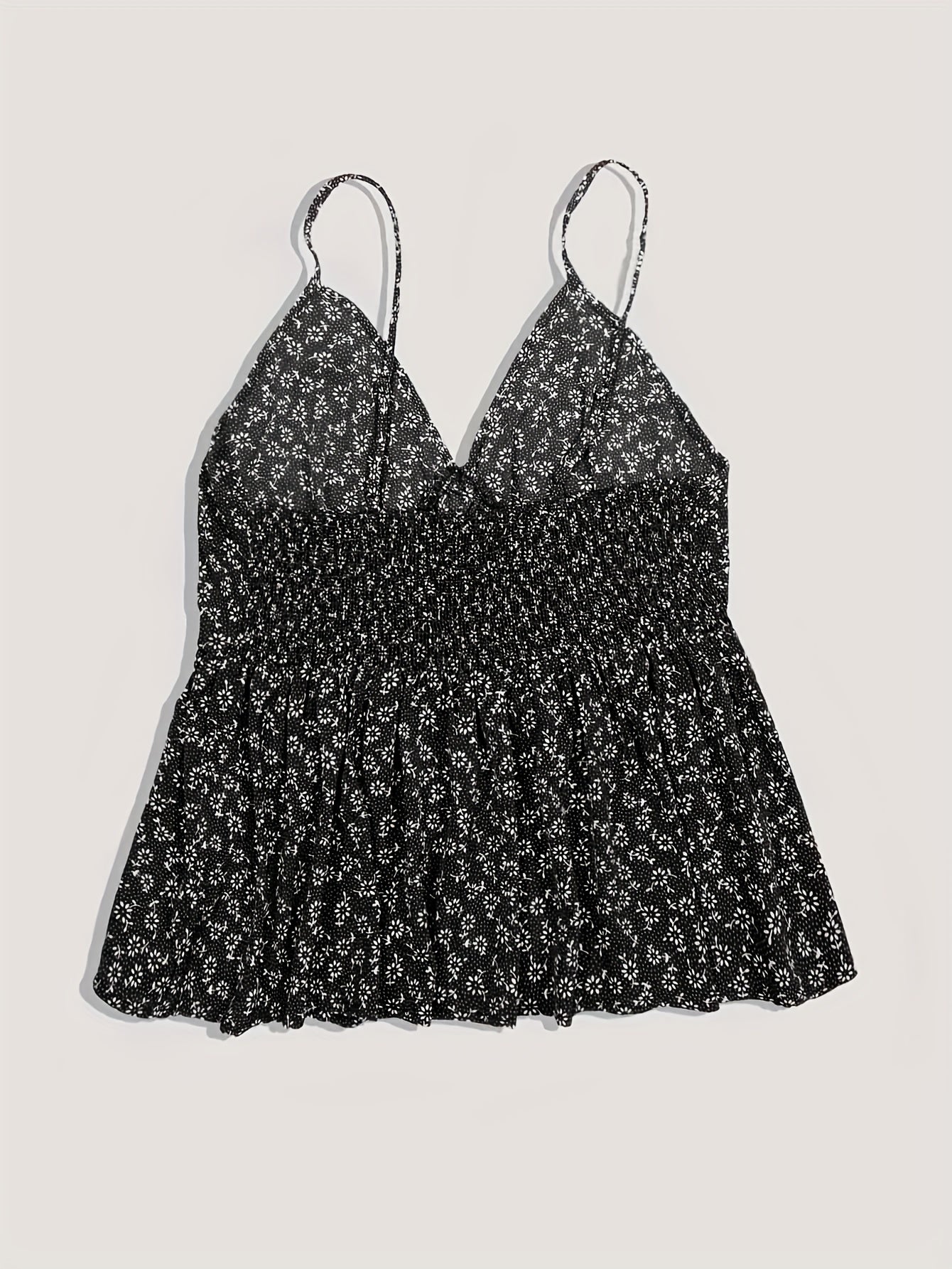  Ditsy Floral Print V Neck Peplum Cami Top