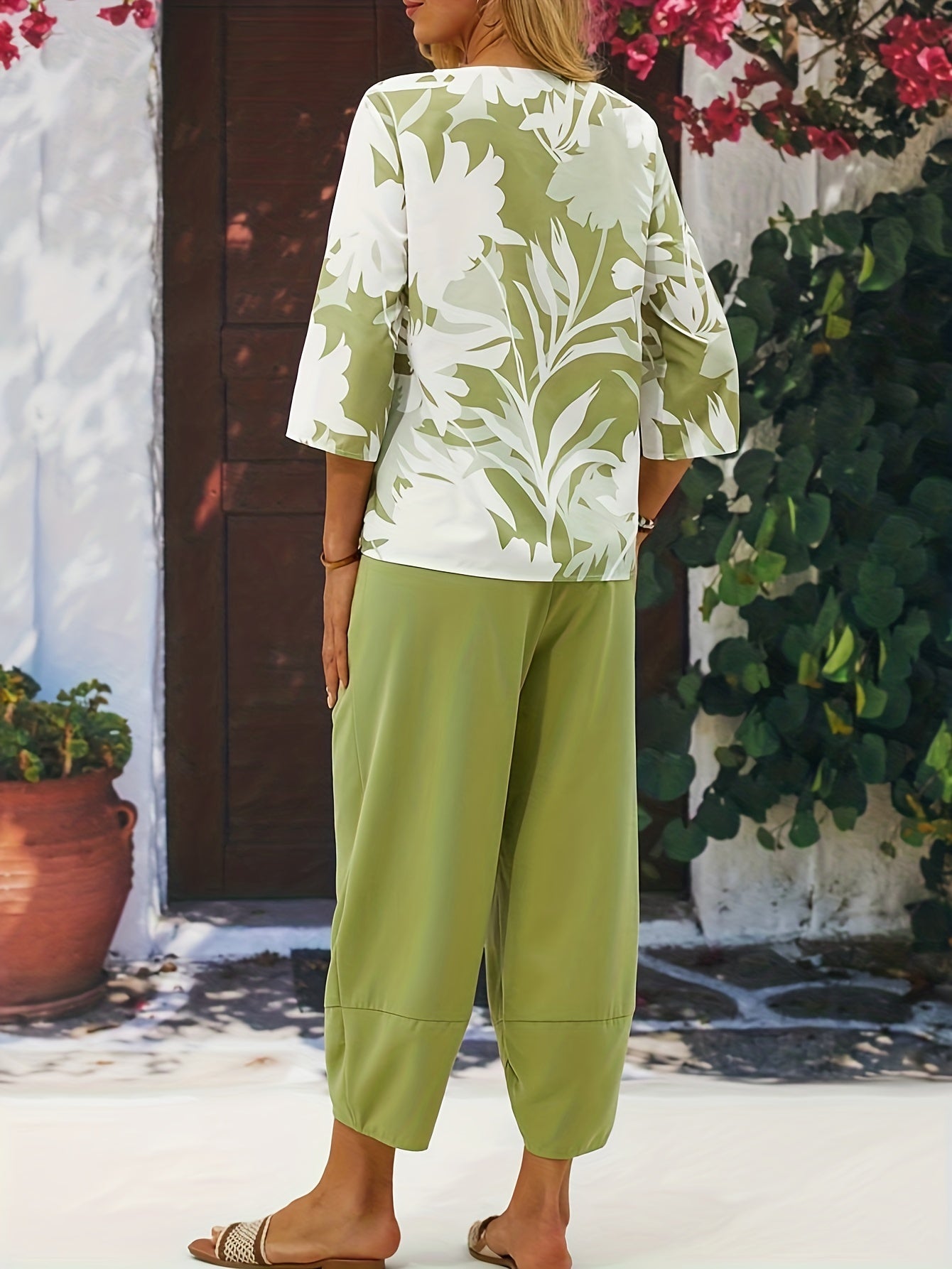 Plant Print 3/4 Sleeve Crew Neck Two Piece Set