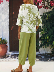 Plant Print 3/4 Sleeve Crew Neck Two Piece Set