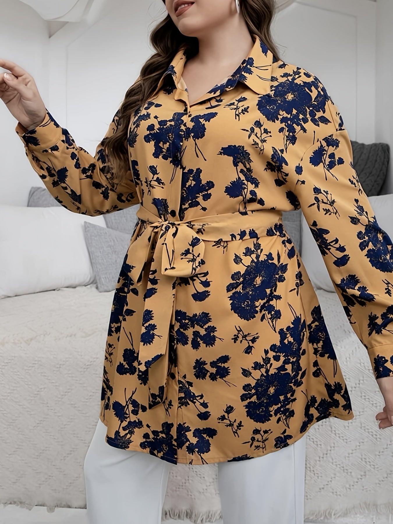  Floral Print Long Sleeve Blouse with Belt