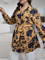  Floral Print Long Sleeve Blouse with Belt