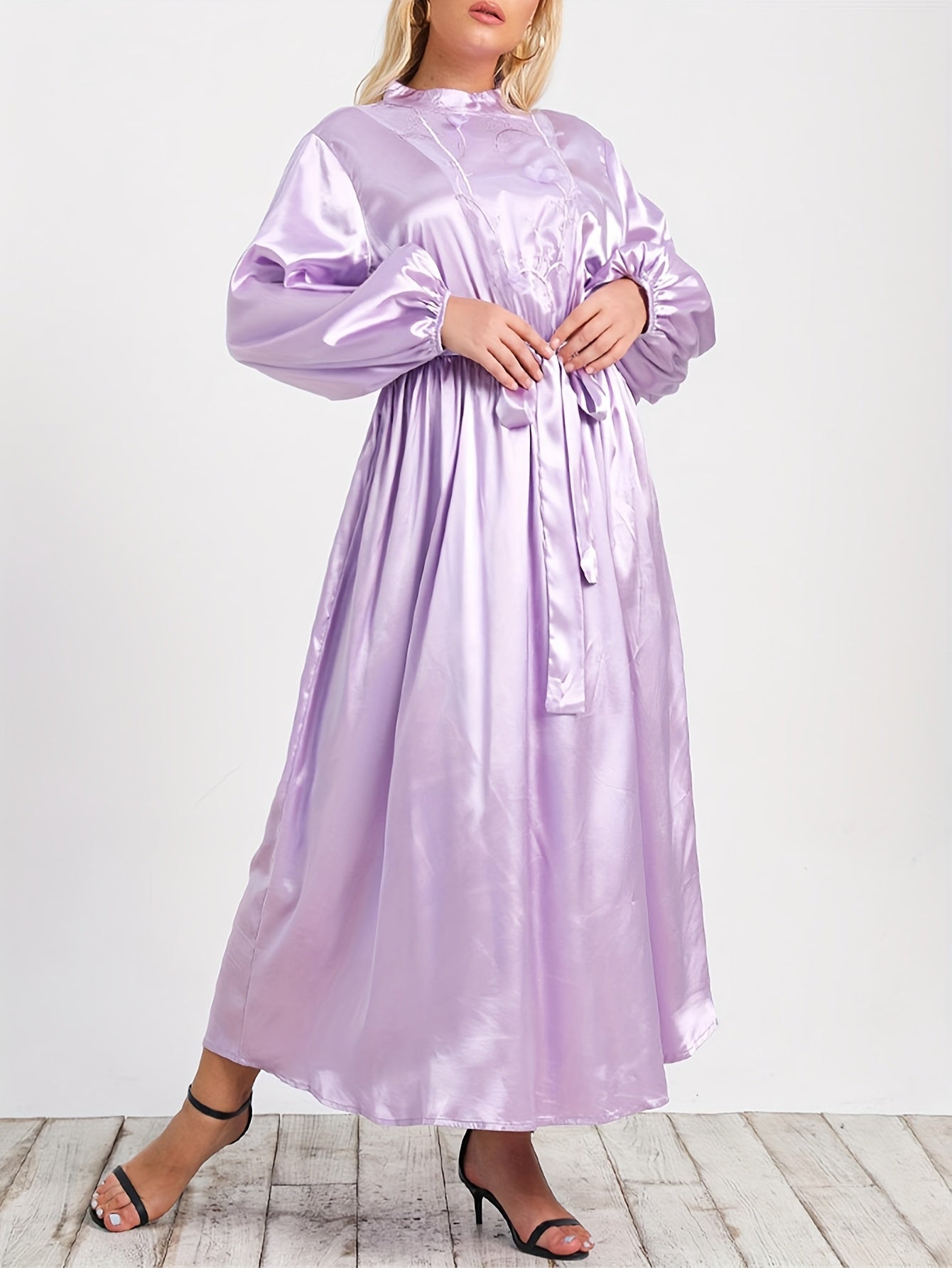  Solid Satin Lantern Sleeve Mock Neck Maxi Dress With Belt