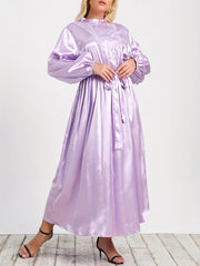  Solid Satin Lantern Sleeve Mock Neck Maxi Dress With Belt